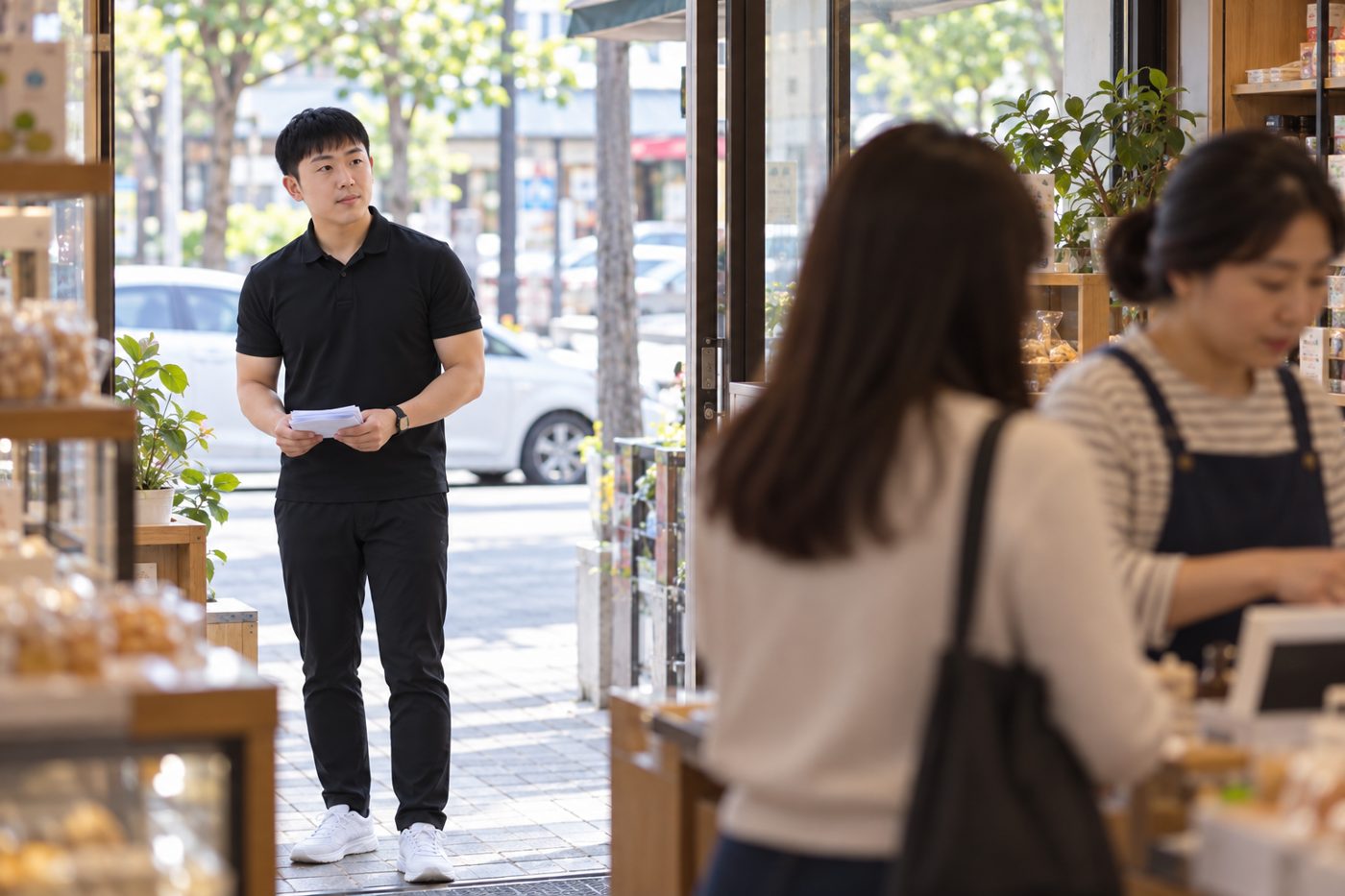 상가 입구에서 기다리는 홍보 상황 AI 재연